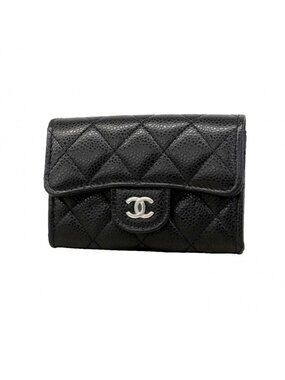 Chanel Business Card Holder Quilted Caviar Leather Black Silver